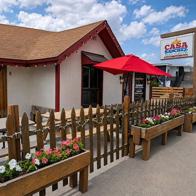 Casa Sanchez Buena Vista patio, flower boxes, and street sign