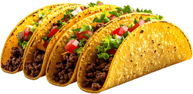Four crispy beef tacos topped with lettuce, tomato, and cheese